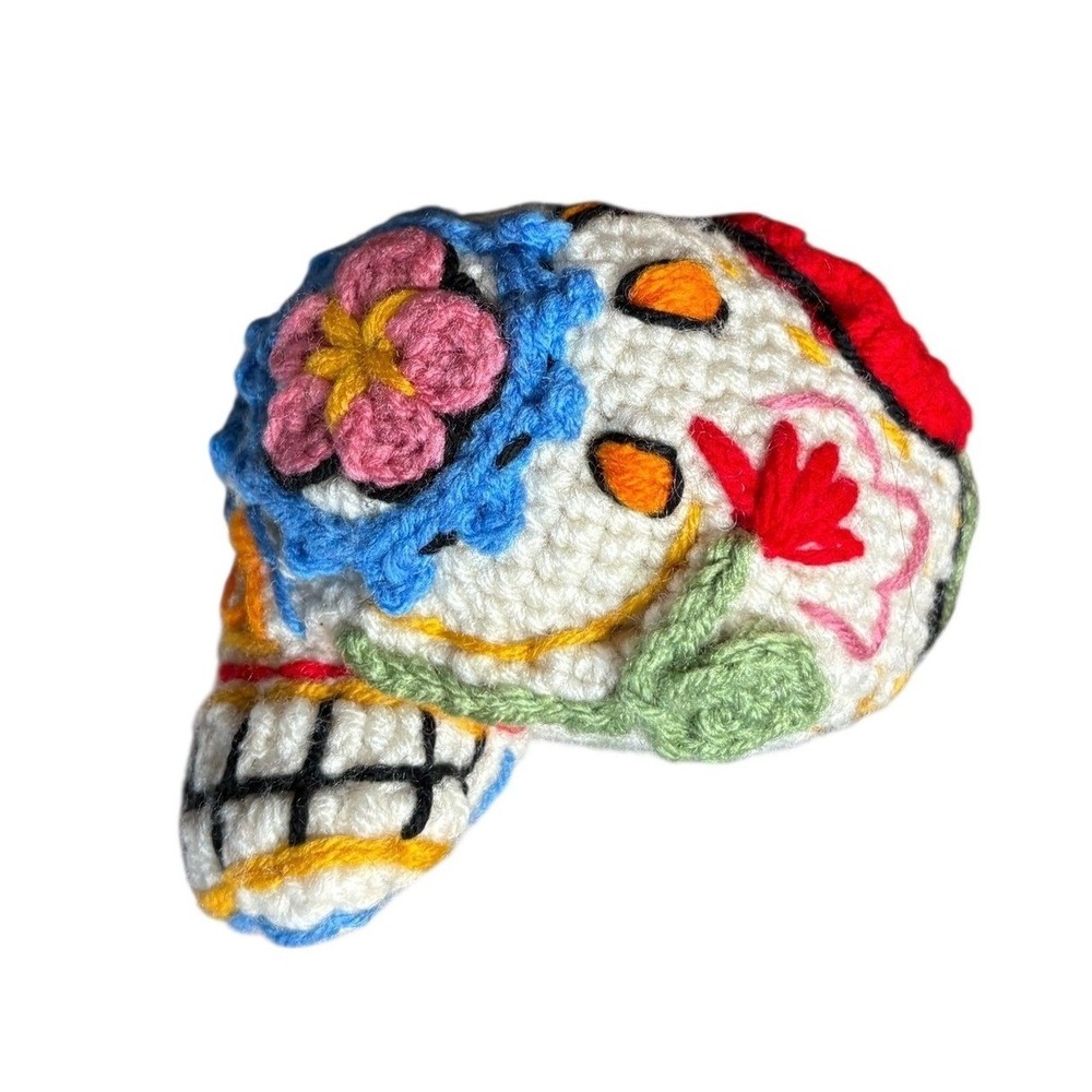 Handmade Crochet Sugar Skull Plush Small White Floral Day of the Dead Calavera